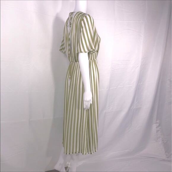 SMY MuMu Cream Olive Green Stripes V-Neck Short Sleeves Midi Dress SzM NWT - Picture 12 of 16